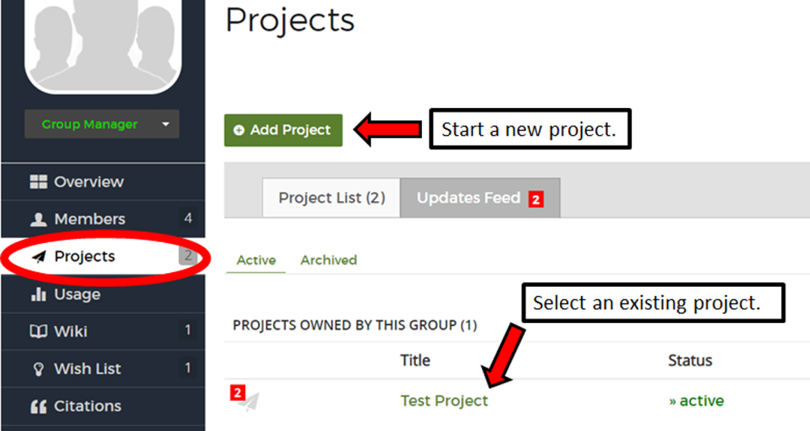 Project page in a group. Projects are highlighted in the group menu. Start a new project button is noted as well as the project list in which you can select an existing project.
