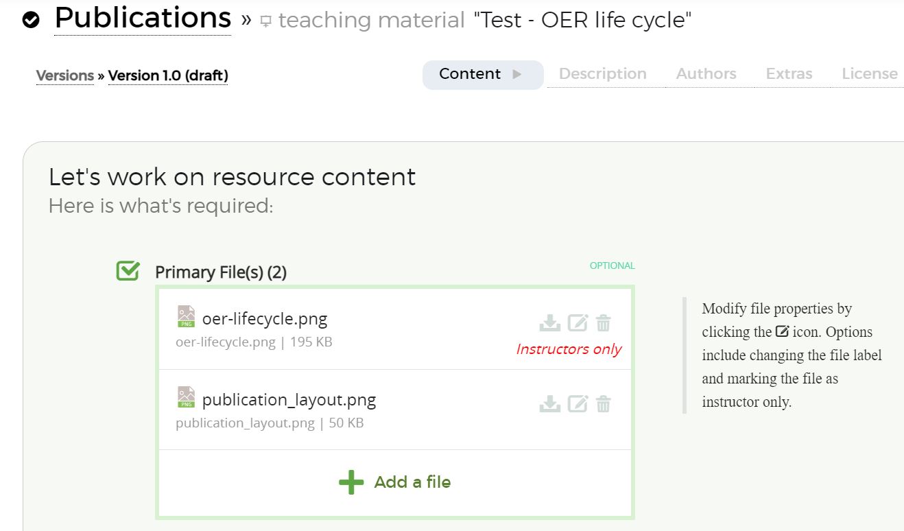 publication content list with one file labeled instructors only
