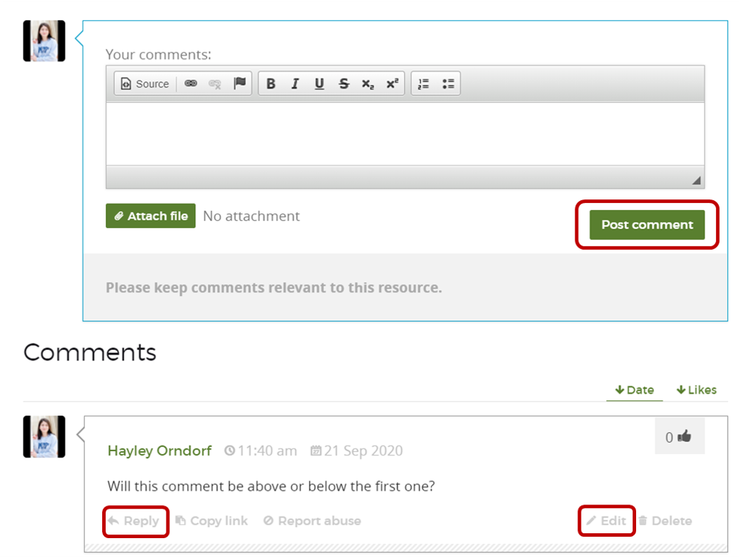 resource comment section highlighting the "post comment" button, and where to reply to and edit an existing comment