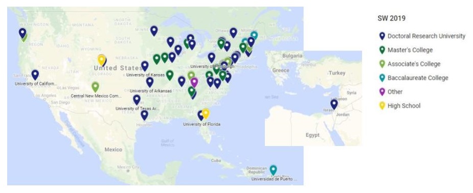 Map of 2019 QUBES/BioQUEST Summer Workshop Attendees