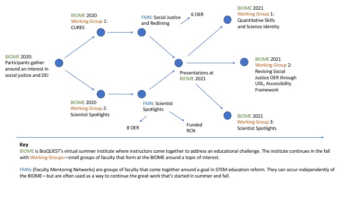 Diagram of progress, from BIOME 2020 and working groups to FMNs to BIOME 2021 and working groups
