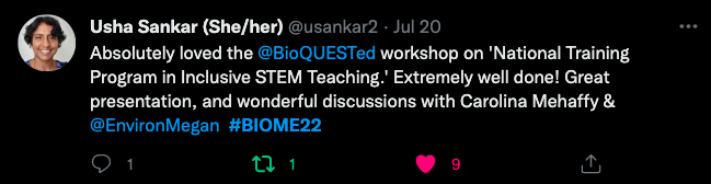 Tweet image: Absolutely loved the @BioQUEST workshop on "National Training Program in Inclusive STEM Teaching"