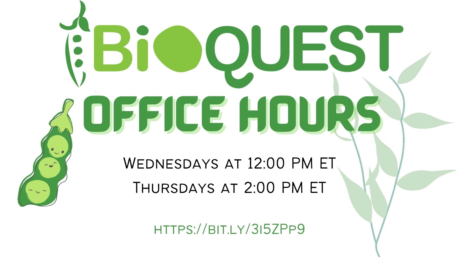 Image of the BioQuest Logo with a growing plant and smiling peas. Text is BioQUEST Office Hours Wednesdays at 12:00 PM ET/ Thursdays at 2:00 PM ET Visit: https://qubeshub.org/community/groups/bioquest/about/office_hours_and_webinars  For the Zoom link and more info!