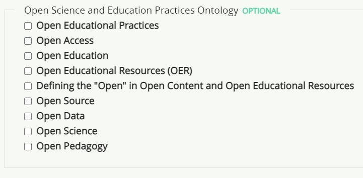Open Science and Education Practices Ontology as a QUBES tagging ontology. Listed tags include: Open Educational Practices, Open Access, Open Education, Open Educational Resources (OER), Defining the Open in open content and open educational resources, Open Source, Open Data, Open Science, Open Pedagogy