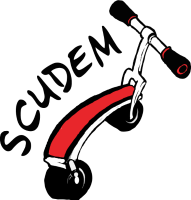 SCUDEM scooter logo with red footboard and black handles with red trim