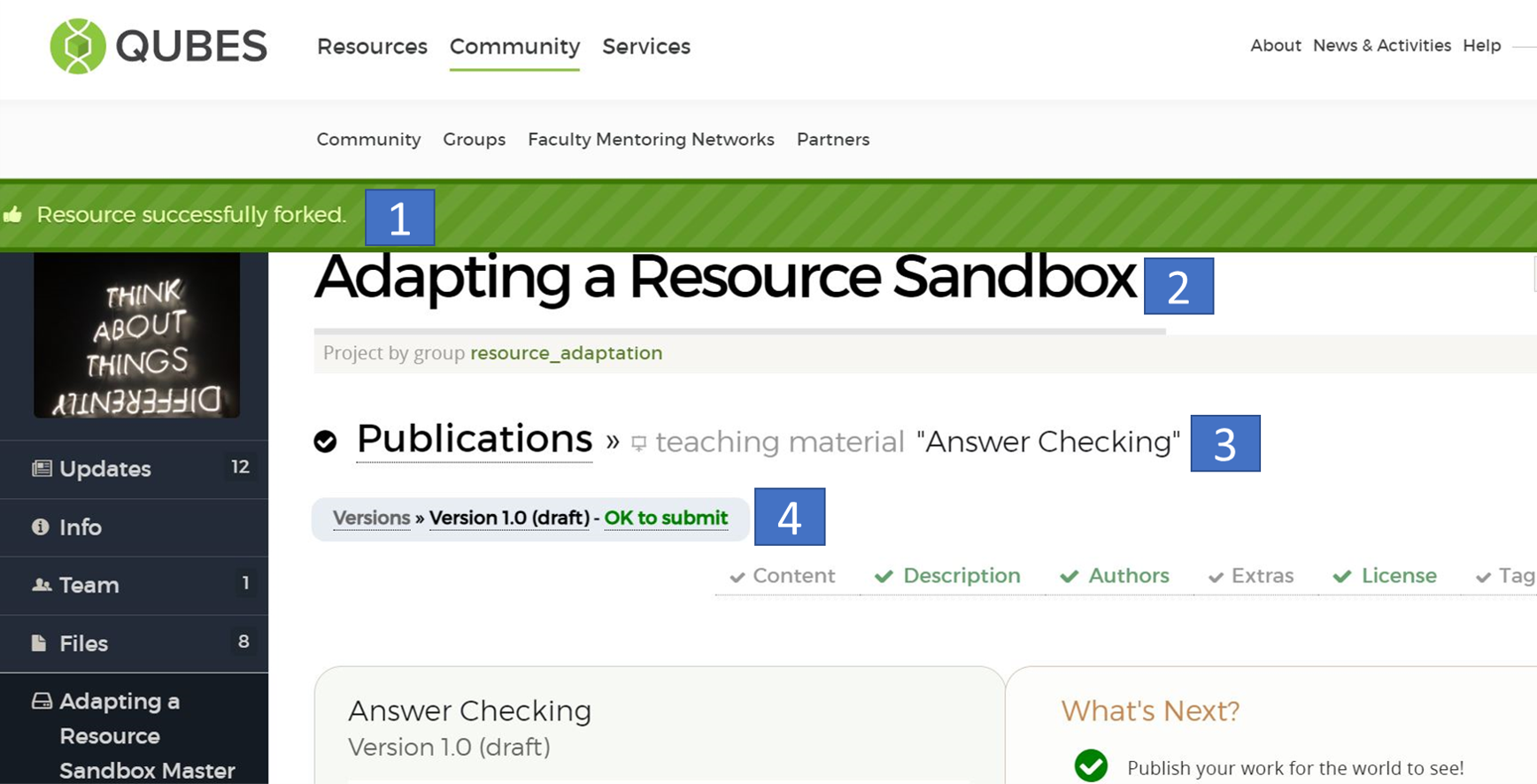 Annotated screenshot of a draft adapted resource with four numbered boxes. 1. Green banner with the message, "Resource successfully forked." 2. Project title "Adapting a Resource Sandbox." 3. Resource title, "Answer Checking. 4. Version label is "Version 1.0 (draft)"