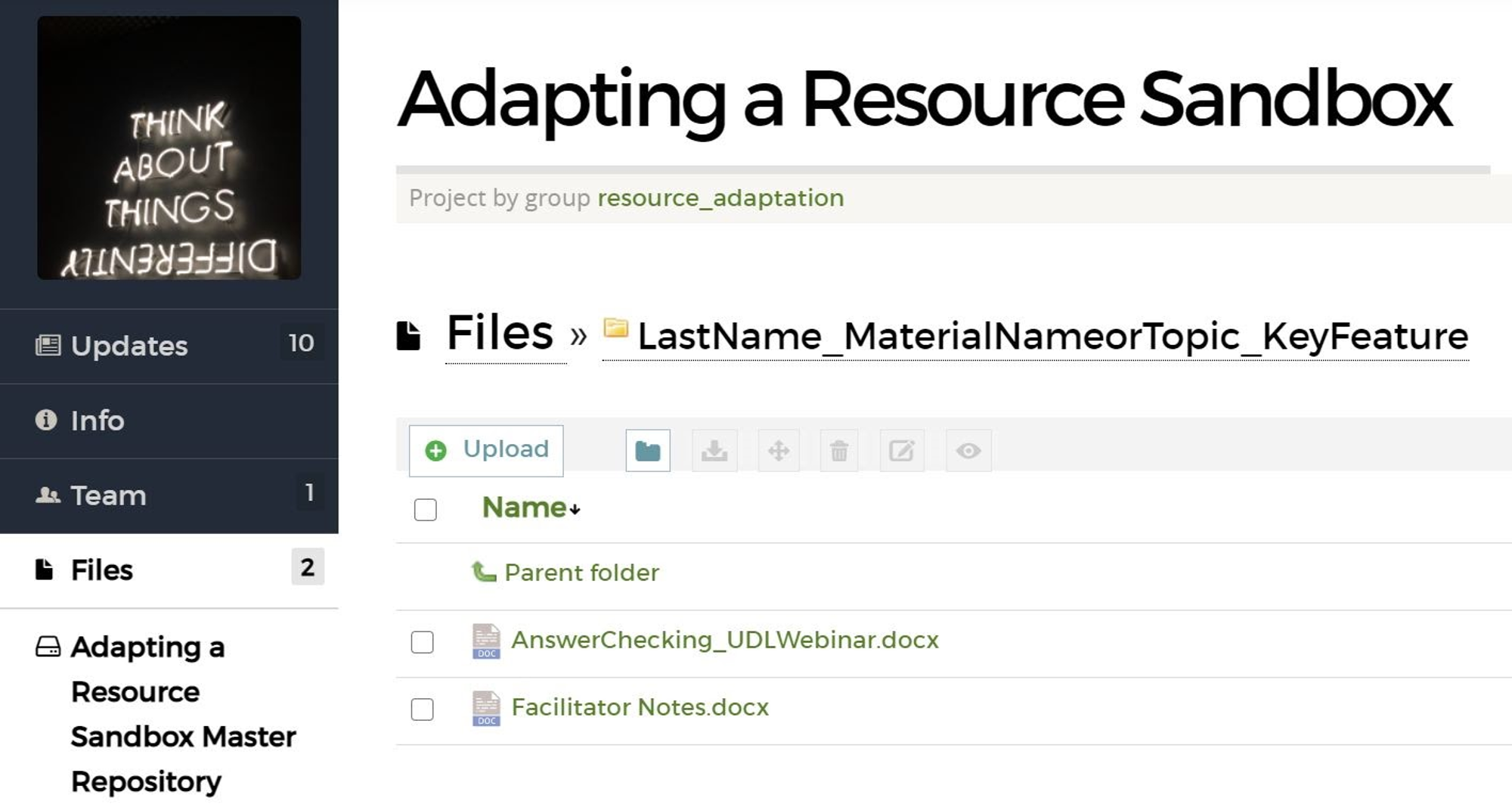 Screenshot of Adapting a Resource Sandbox project repository. There are two files in the subfolder, "LastName_MaterialNameorTopic_KeyFeature." The files are "AnswerChecking_UDLWebinar.docx" and "FacilitatorNotes.docx"