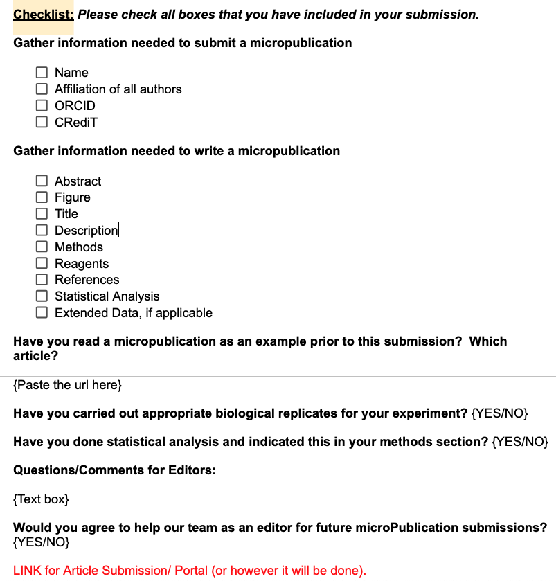 a preview of the submission checklist form