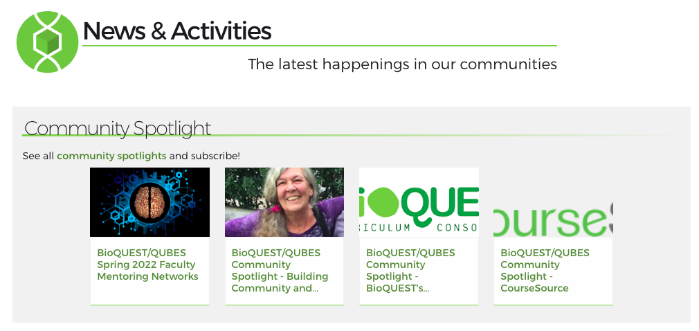 Screenshot of the QUBES News & Activities page