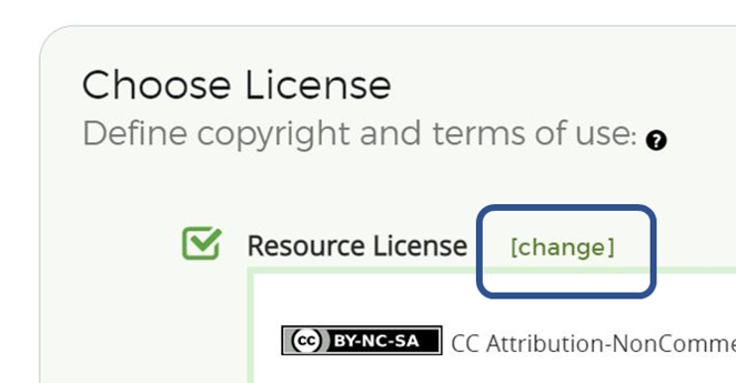 license tab of a draft resource with a box around "change" next to the text "resource license"
