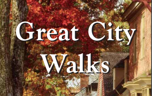 text "great city walks" on backdrop of leaves