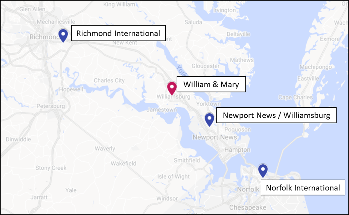 map of airports near william and mary