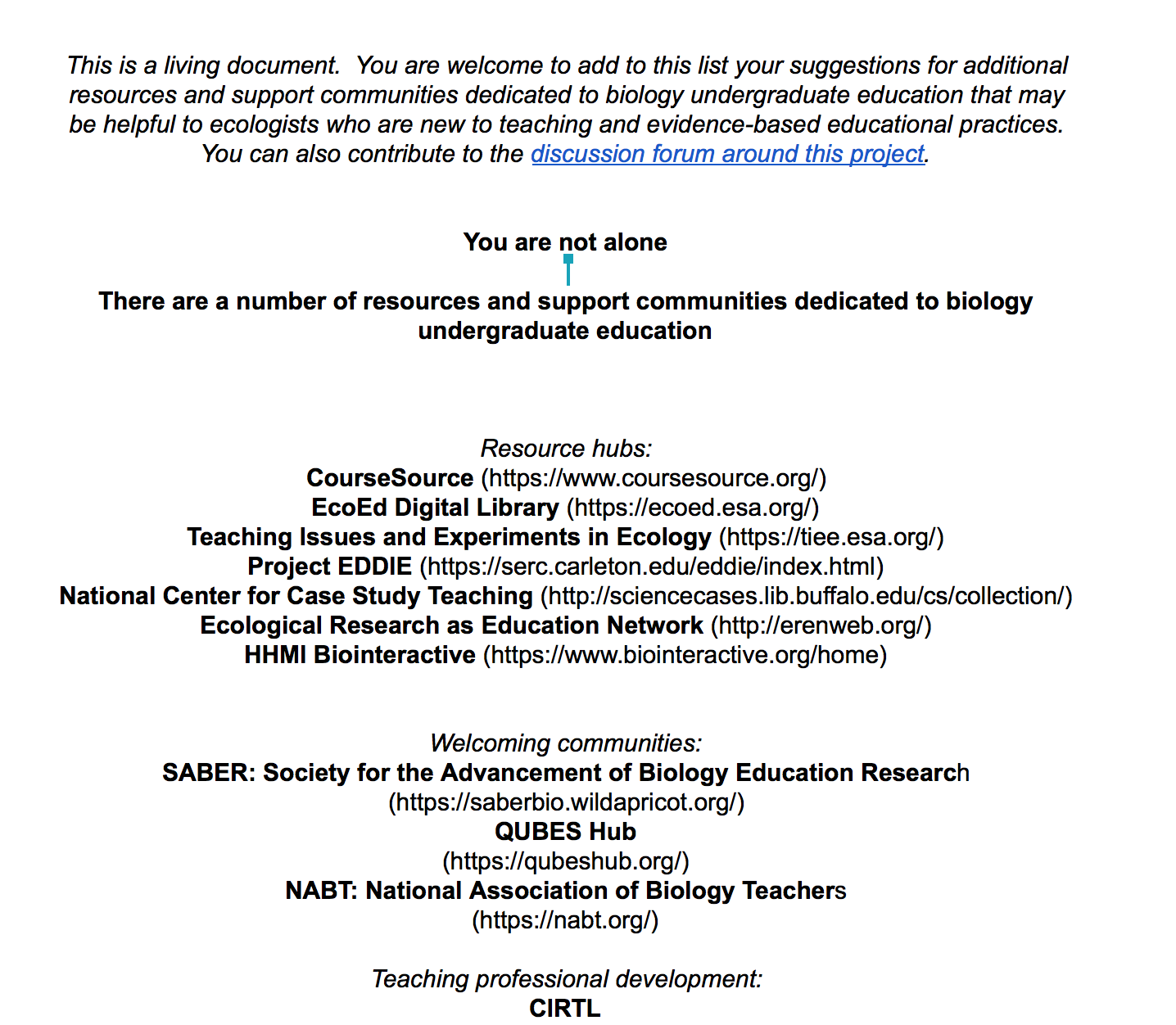 List of resources and support communities dedicated to biology undergraduate education