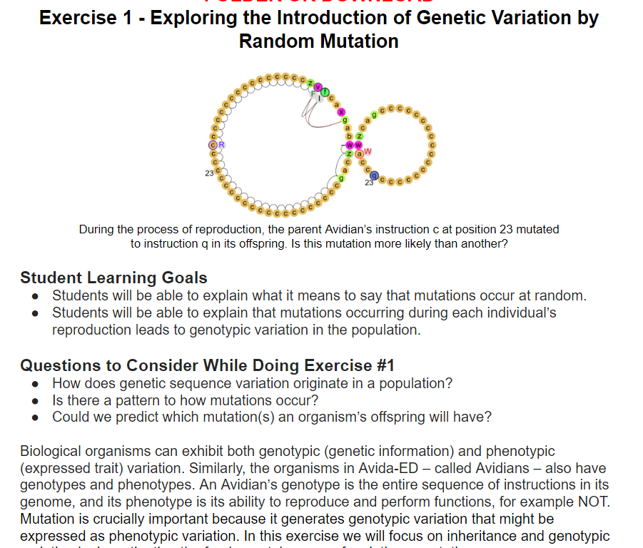Exploring the Introduction of Genetic Variation by Random Mutation: Avida-Ed Lab Book Exercise 1