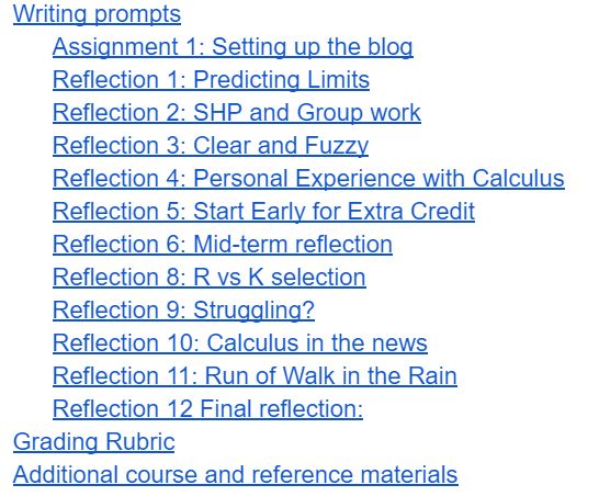 Biocalculus writing reflection prompts